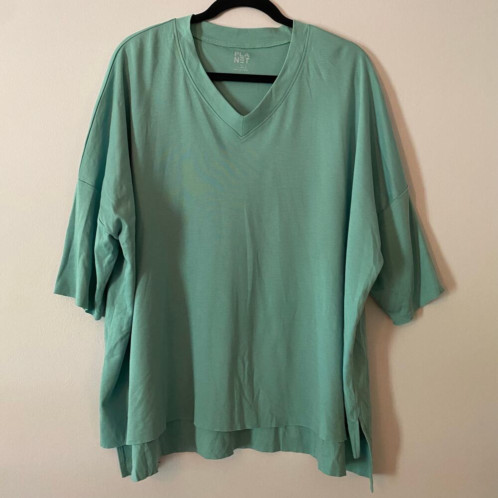 Planet by Lauren G Blue V-neck Oversized Loungewear Cotton 3/4 Shirt One Size